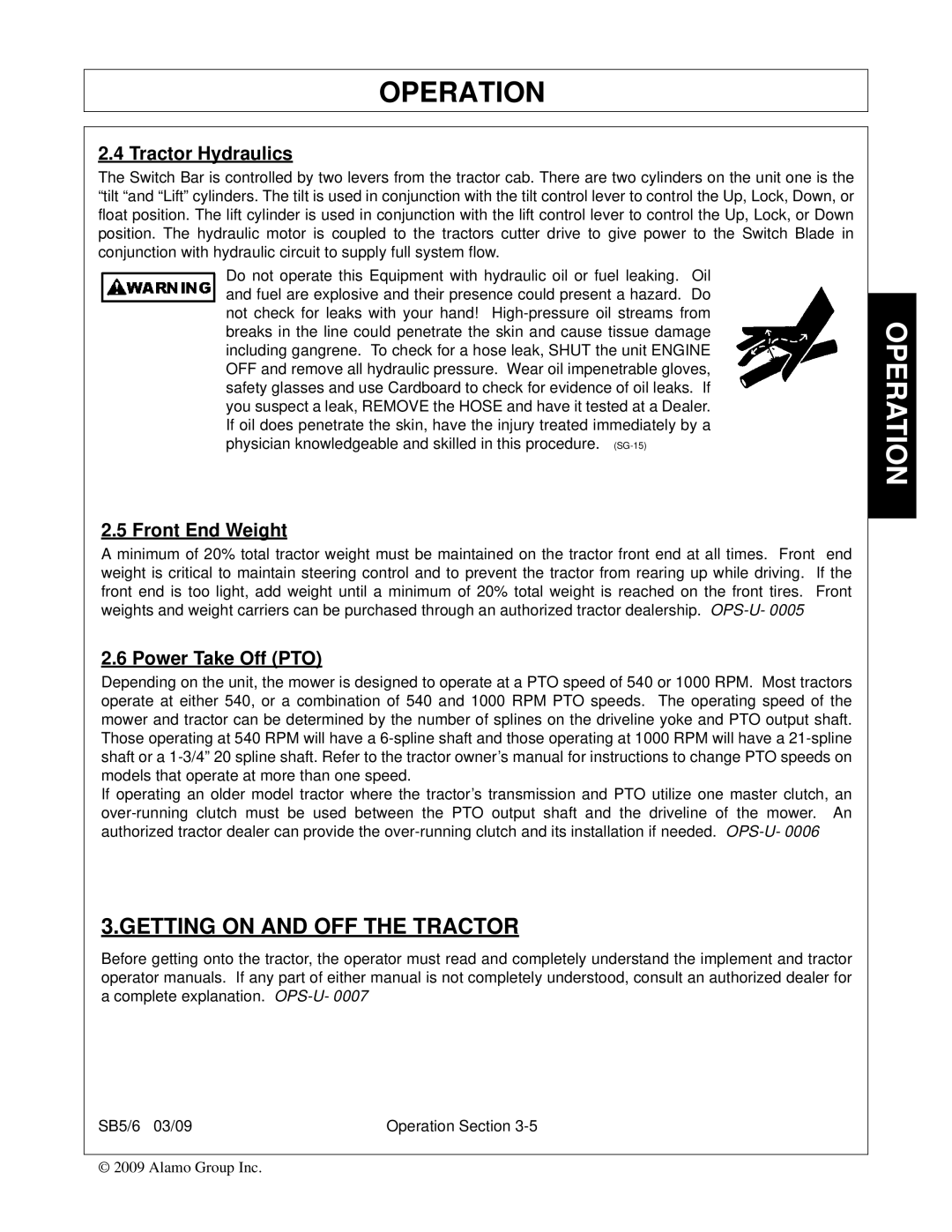 Alamo 5, 6 manual Getting on and OFF the Tractor, Tractor Hydraulics, Front End Weight, Power Take Off PTO 