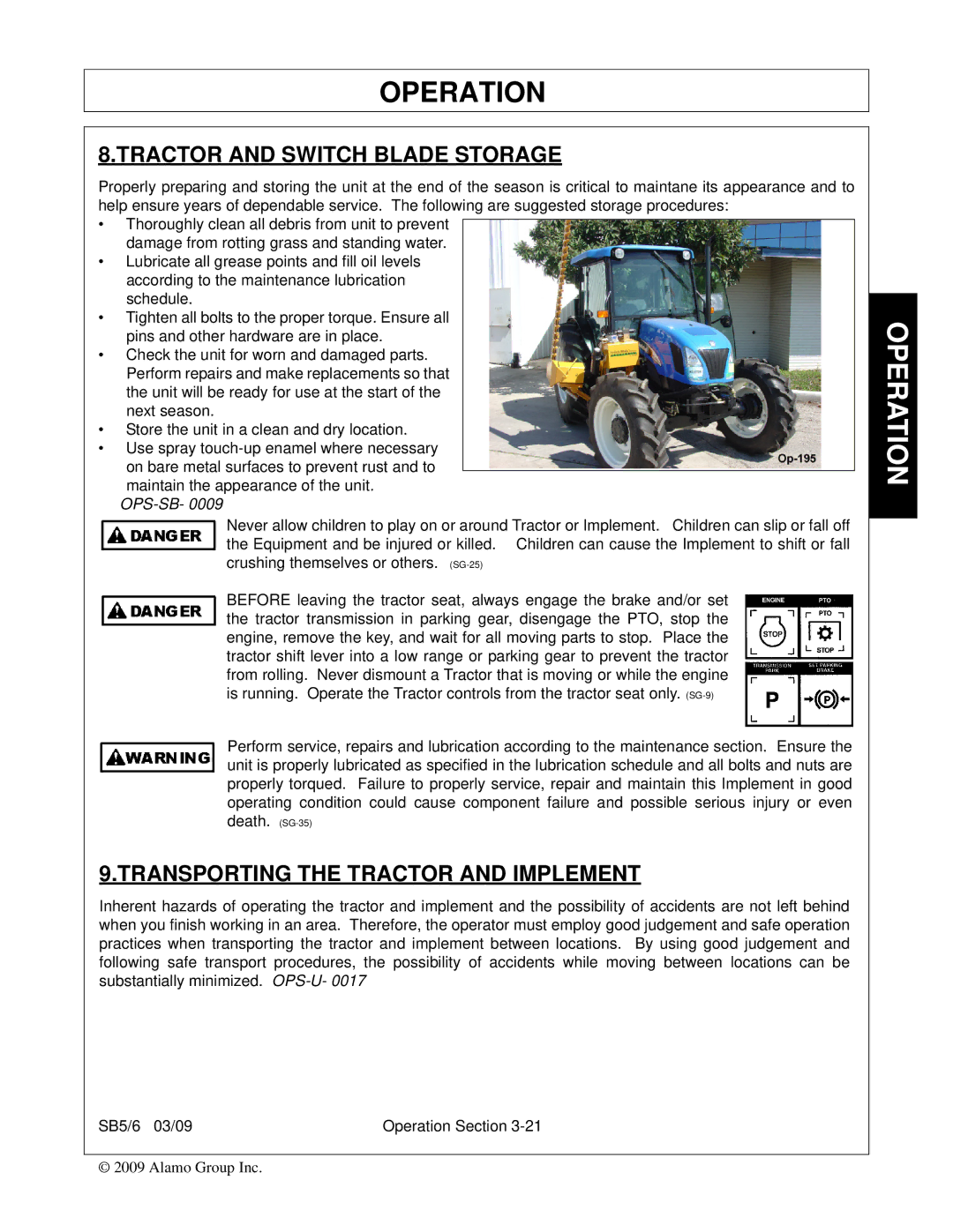 Alamo 5, 6 manual Tractor and Switch Blade Storage, Transporting the Tractor and Implement 