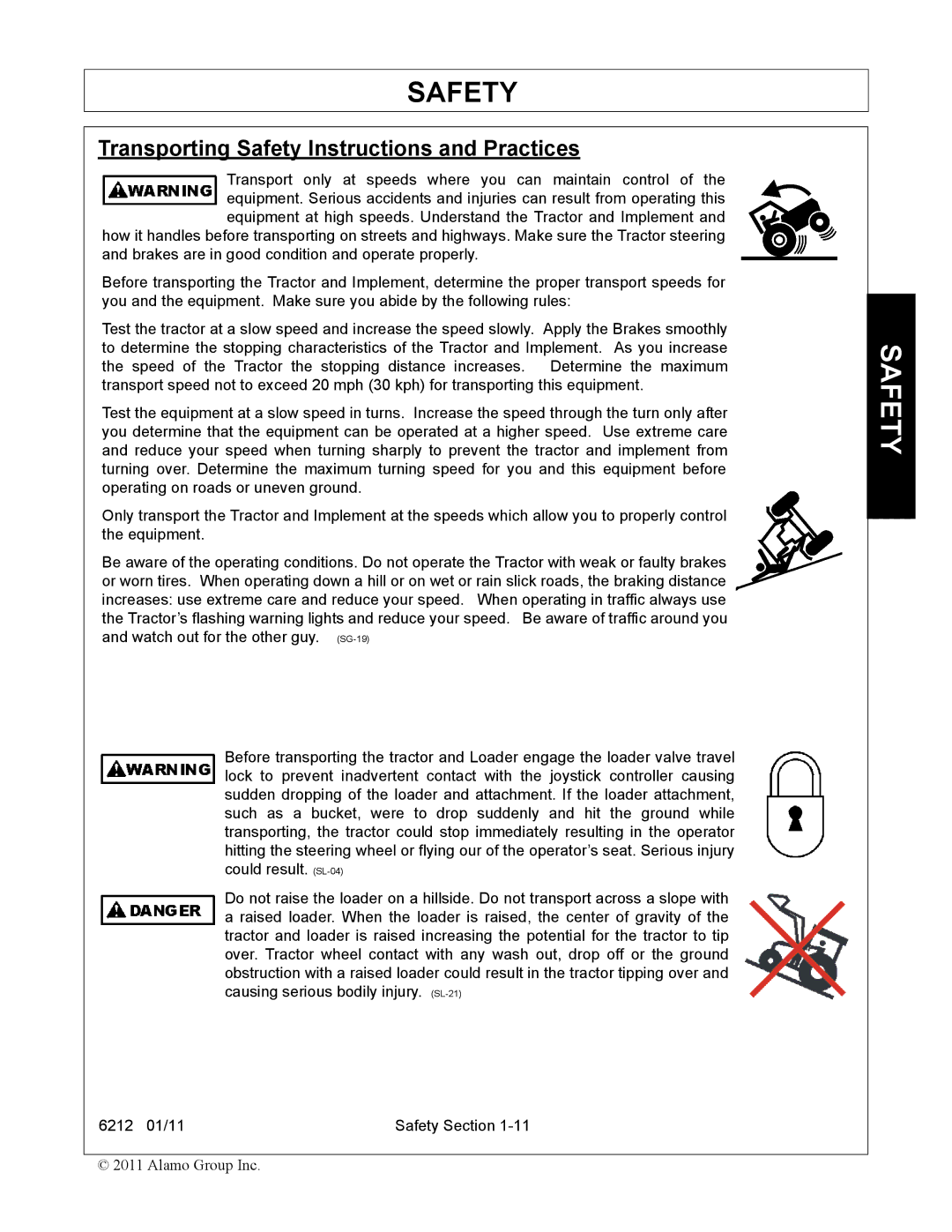 Alamo 6212 manual Transporting Safety Instructions and Practices 