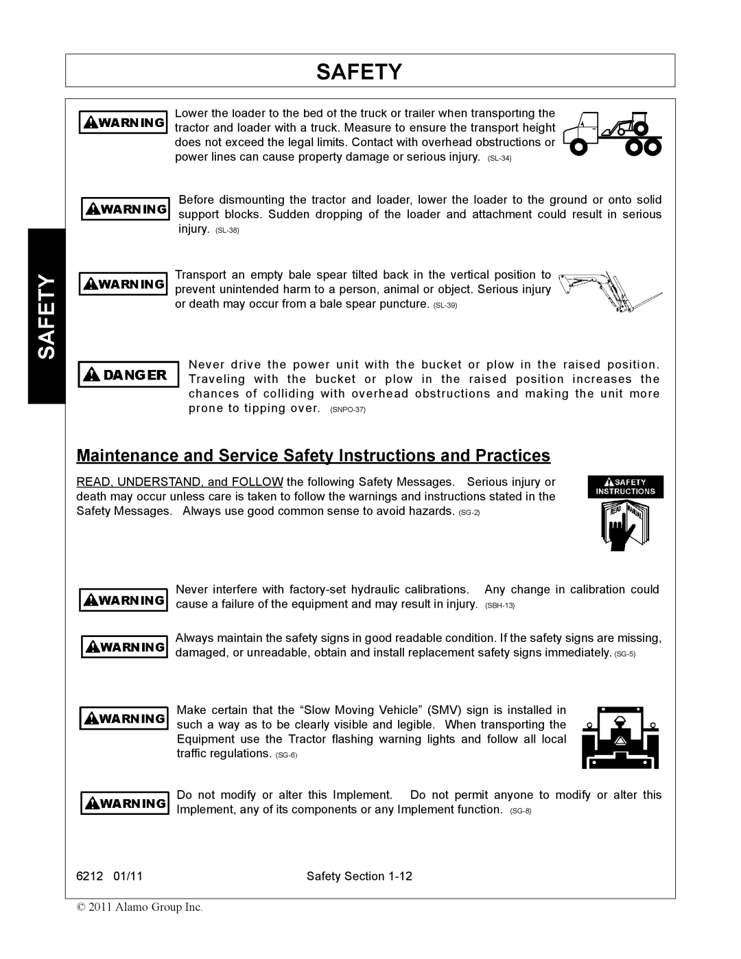 Alamo 6212 manual Maintenance and Service Safety Instructions and Practices 