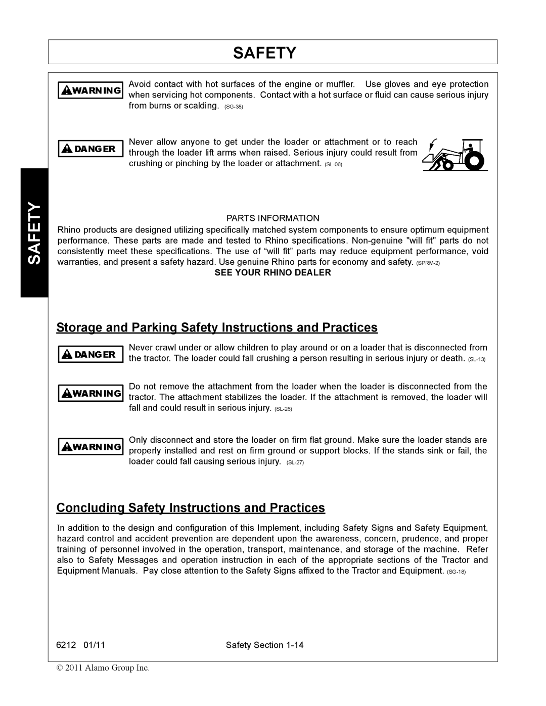 Alamo 6212 manual Storage and Parking Safety Instructions and Practices, Concluding Safety Instructions and Practices 