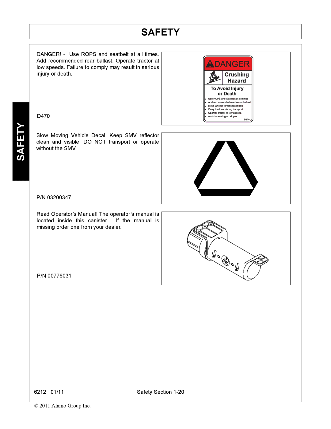 Alamo 6212 manual Safety 