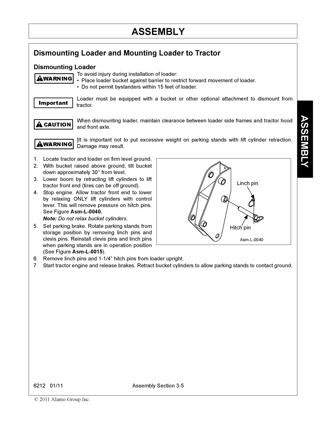 Alamo 6212 manual Dismounting Loader and Mounting Loader to Tractor 