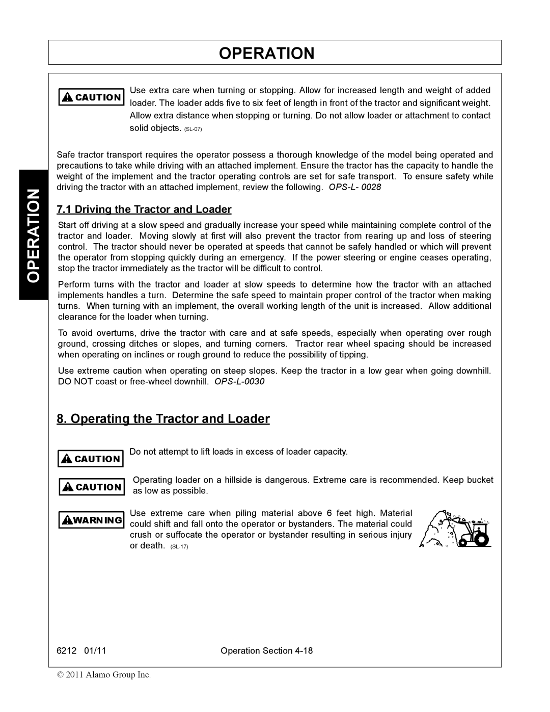 Alamo 6212 manual Operating the Tractor and Loader, Driving the Tractor and Loader 