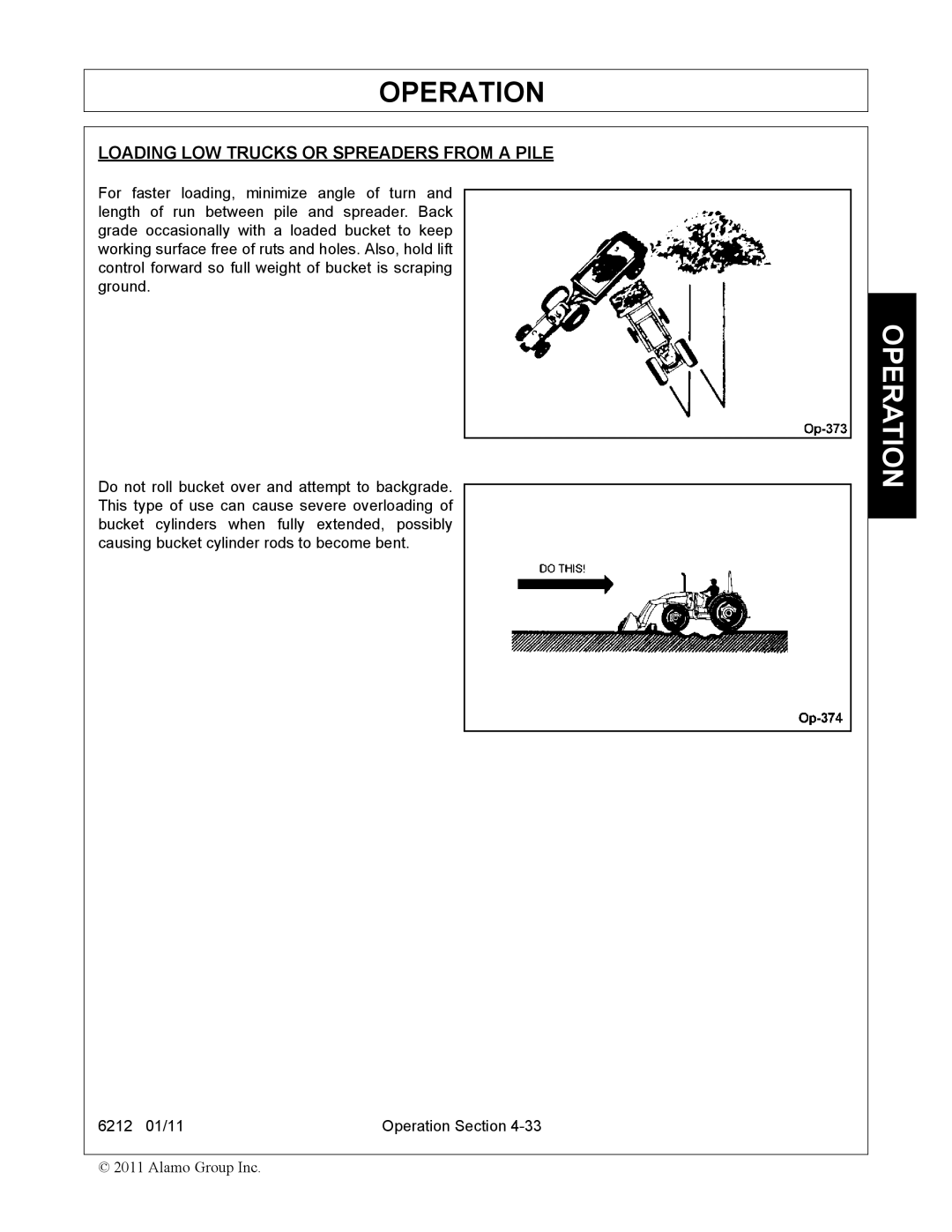 Alamo 6212 manual Loading LOW Trucks or Spreaders from a Pile 