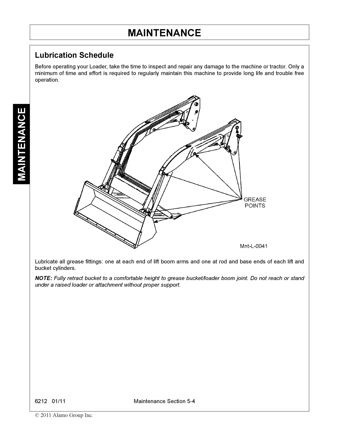 Alamo 6212 manual Lubrication Schedule 