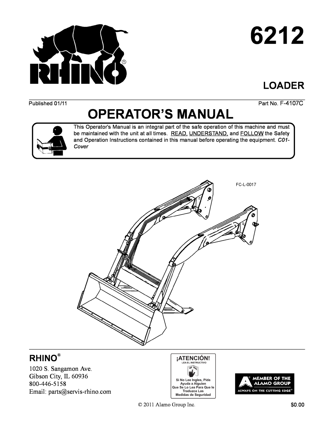 Alamo 6212 manual Loader, Operator’S Manual, Rhino, 1020 S. Sangamon Ave Gibson City, IL, Email parts@servis-rhino.com 