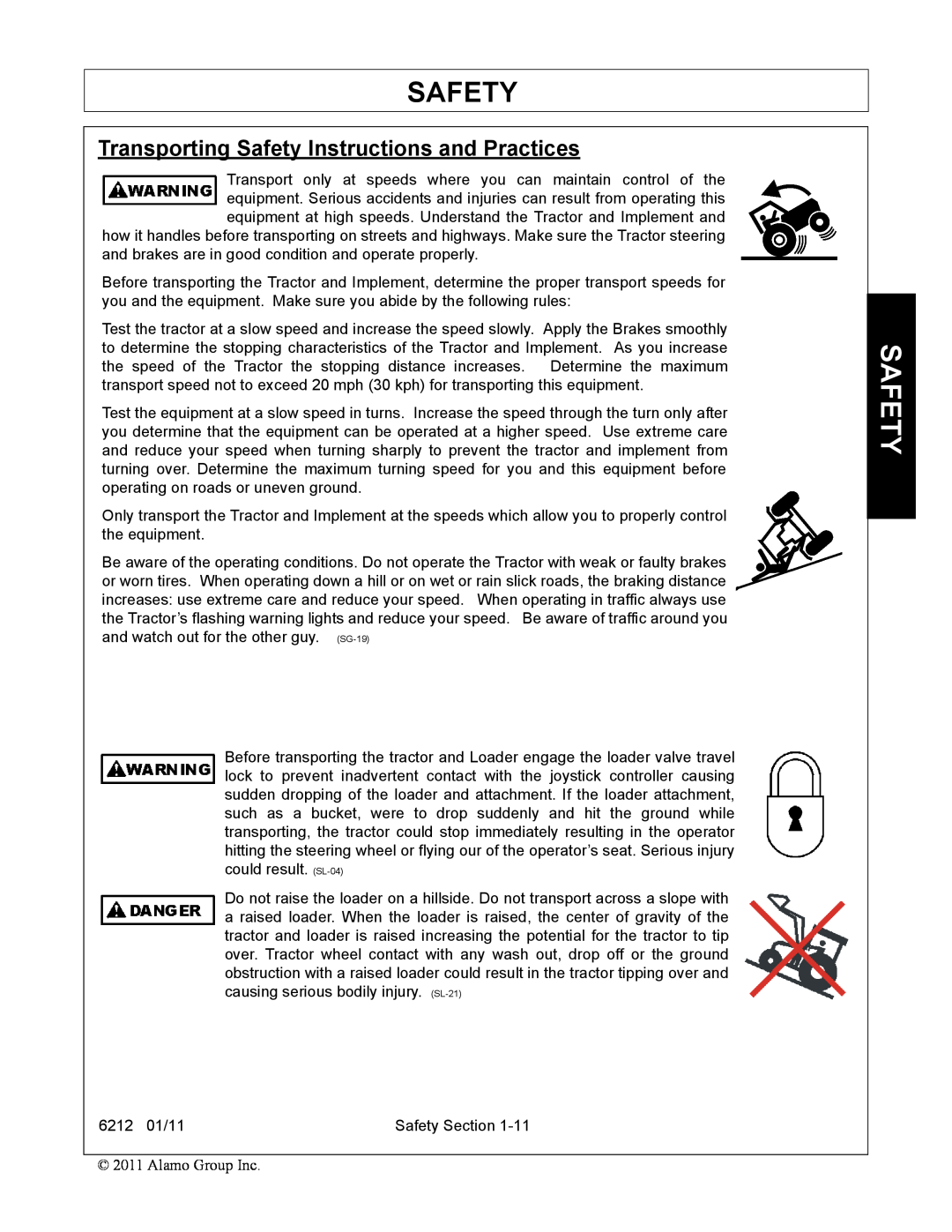 Alamo 6212 manual Transporting Safety Instructions and Practices 