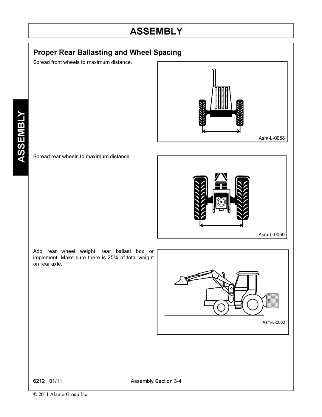Alamo 6212 manual Assembly, Proper Rear Ballasting and Wheel Spacing 