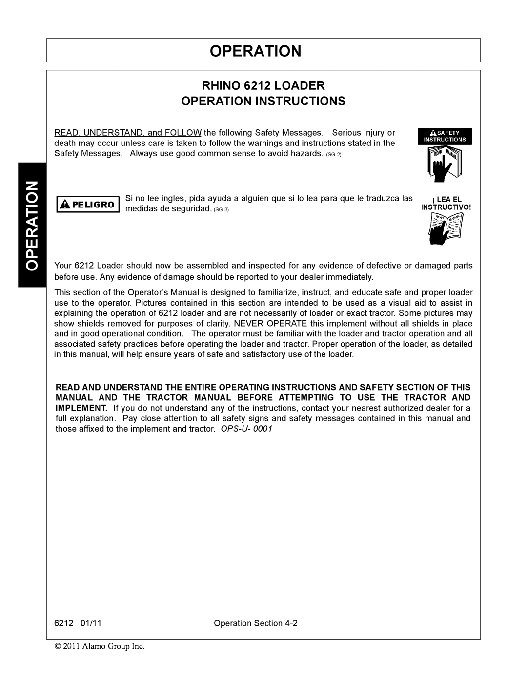 Alamo manual Operation, RHINO 6212 LOADER OPERATION INSTRUCTIONS 