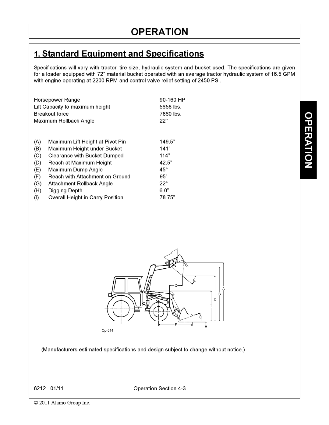 Alamo 6212 manual Operation, Standard Equipment and Specifications 