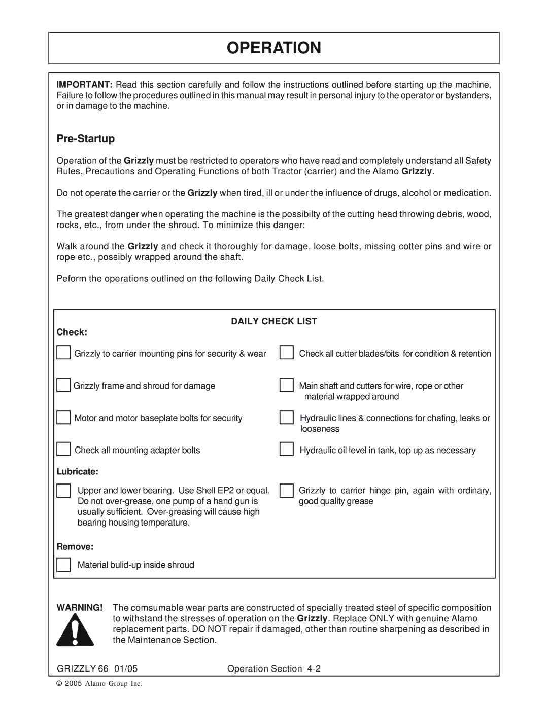Alamo 66 manual Operation, Pre-Startup, Check, Lubricate, Remove 