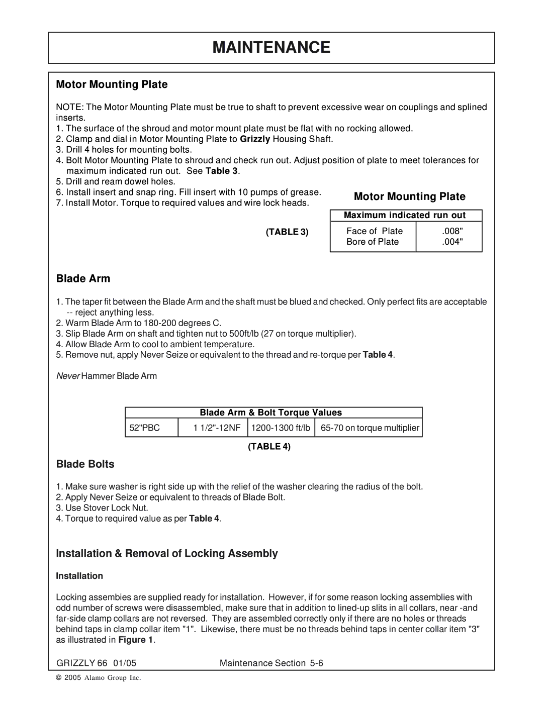 Alamo 66 manual Blade Bolts, Installation & Removal of Locking Assembly, Blade Arm & Bolt Torque Values 