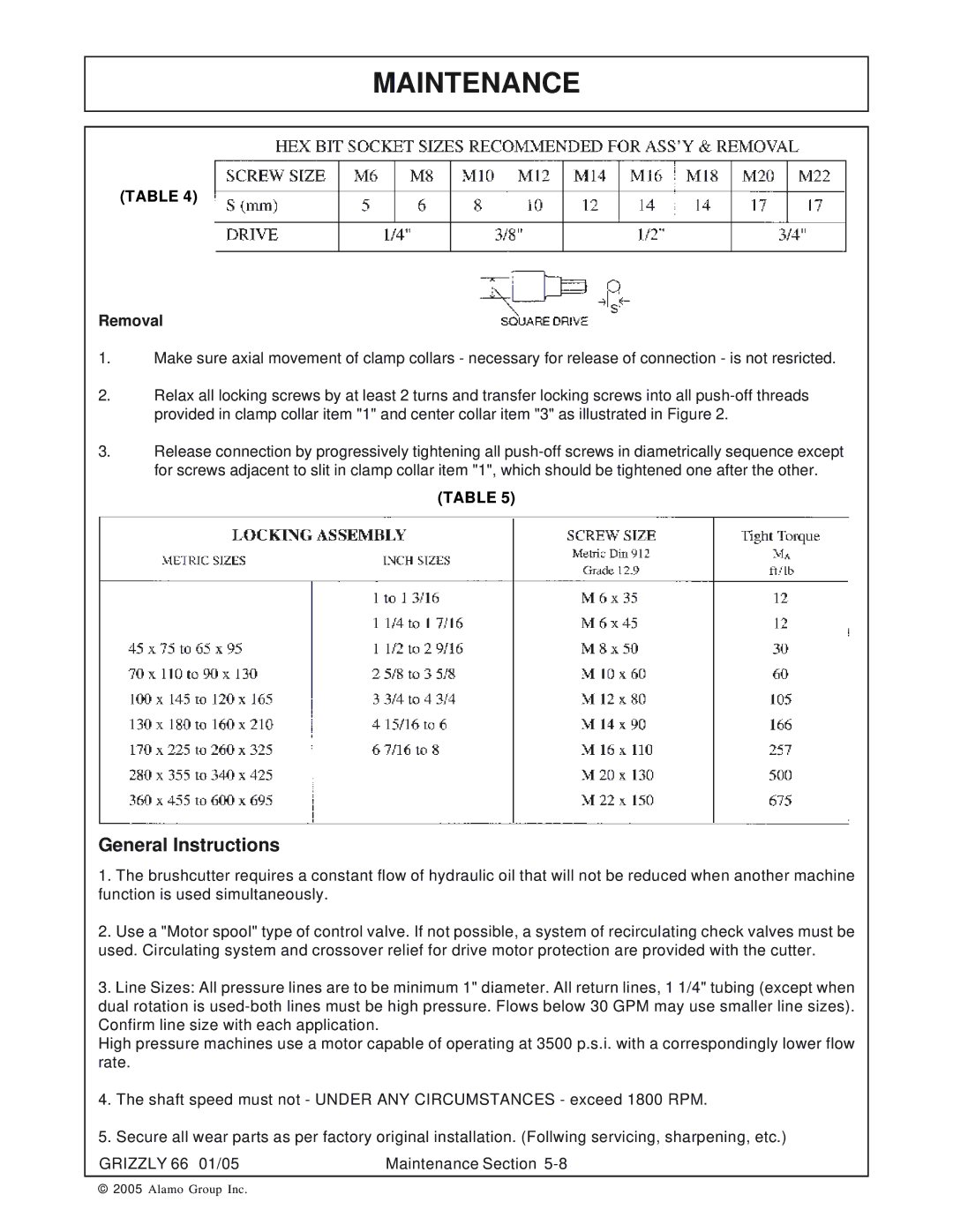 Alamo 66 manual General Instructions, Removal 