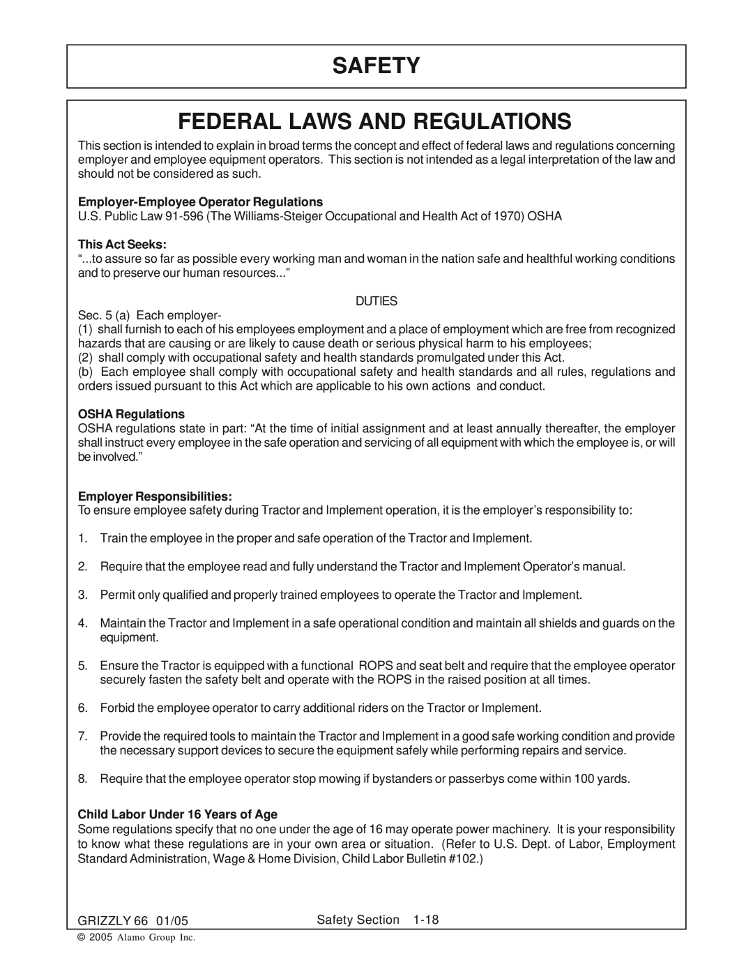 Alamo 66 Safety Federal Laws And Regulations, Employer-Employee Operator Regulations, This Act Seeks, OSHA Regulations 