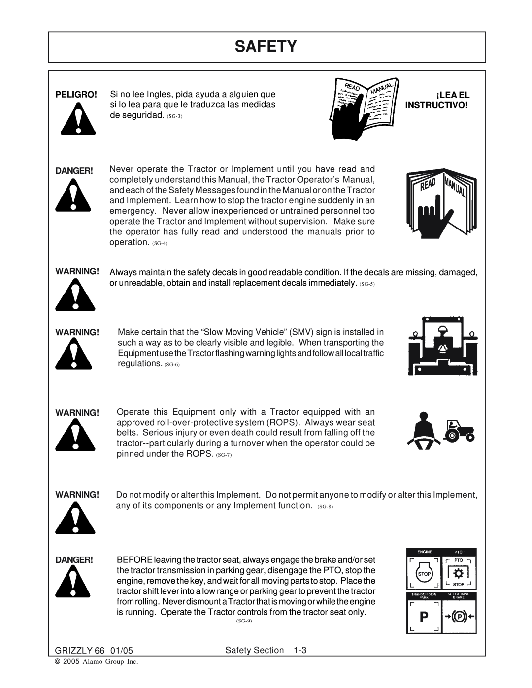 Alamo 66 manual Safety, Peligro Danger, ¡Lea El Instructivo, SG-9 