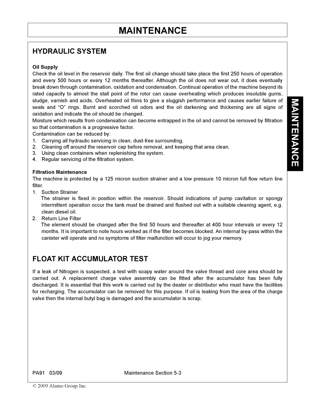 Alamo 7191852C manual Hydraulic System, Float KIT Accumulator Test, Oil Supply, Filtration Maintenance 