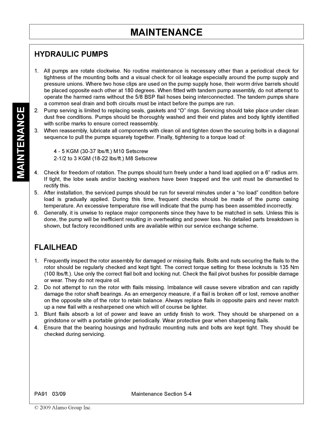 Alamo 7191852C manual Hydraulic Pumps, Flailhead 