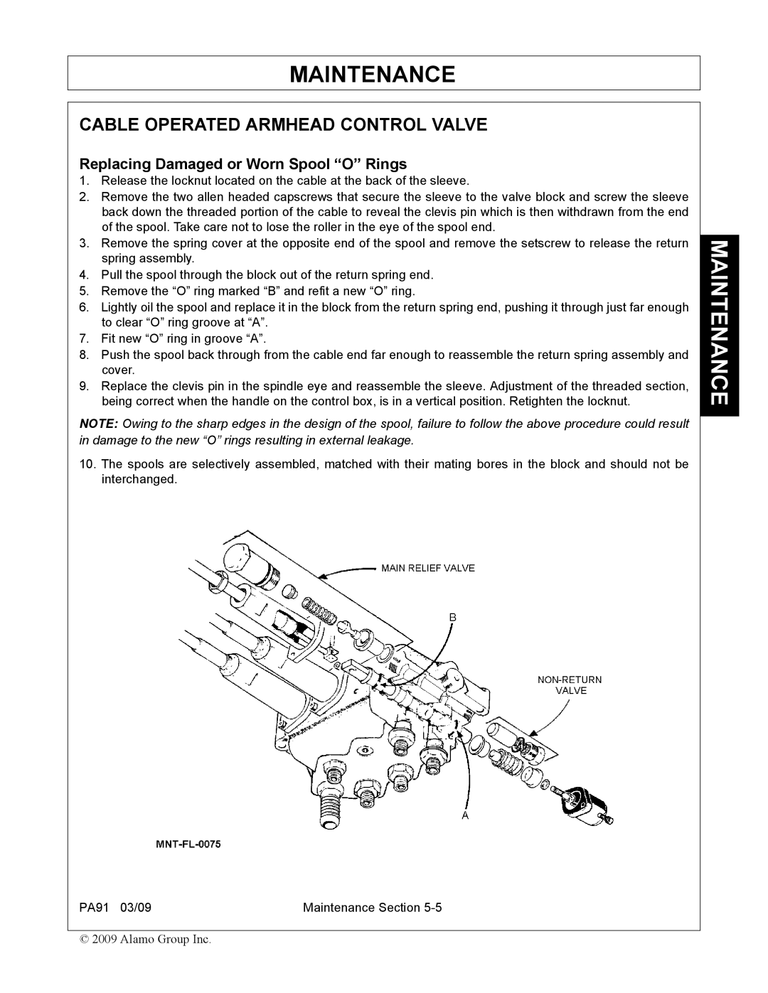 Alamo 7191852C manual Cable Operated Armhead Control Valve, Replacing Damaged or Worn Spool O Rings 