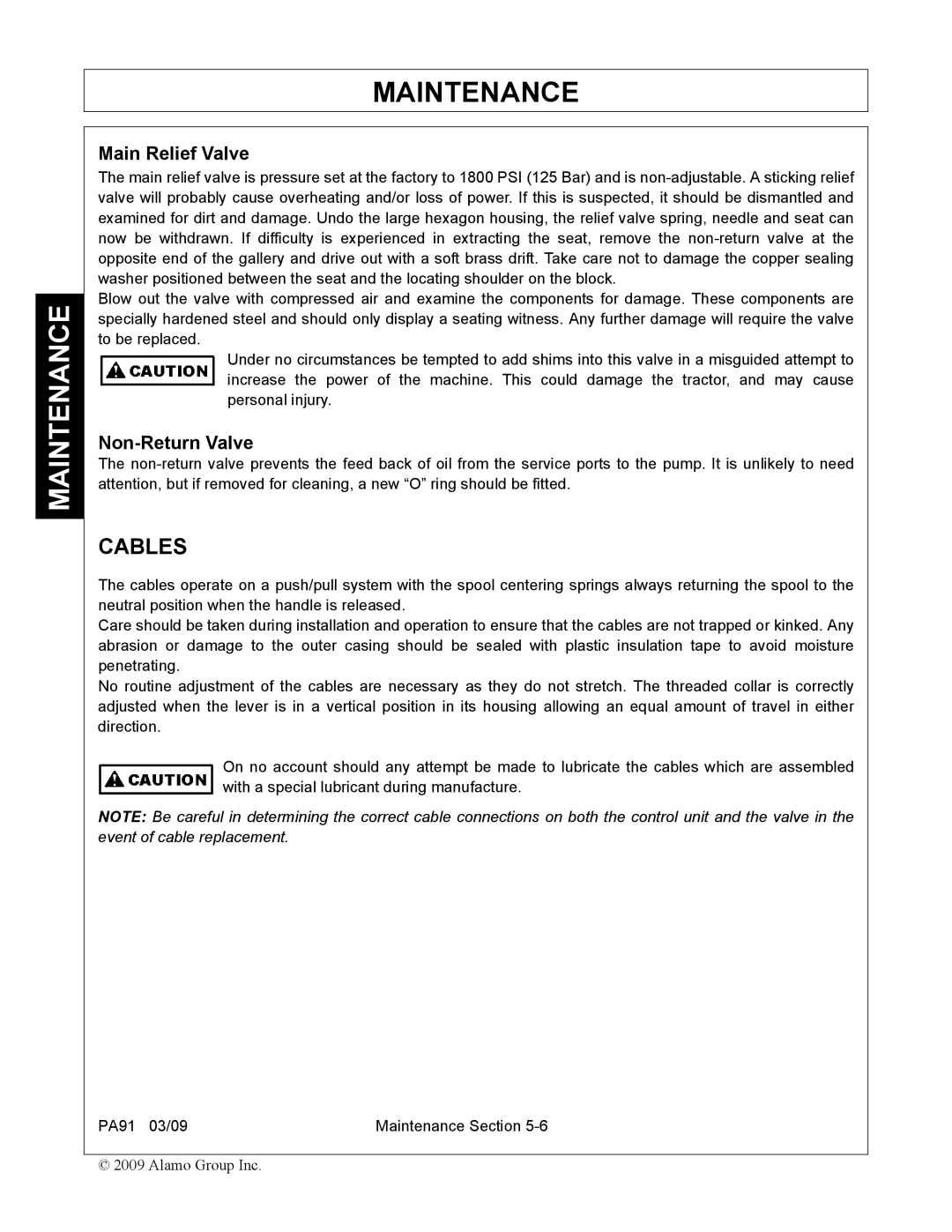 Alamo 7191852C manual Cables, Main Relief Valve, Non-Return Valve 