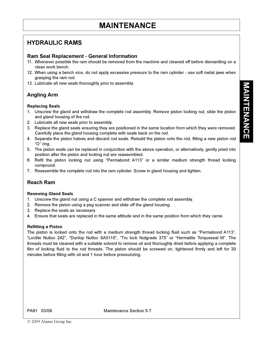 Alamo 7191852C manual Hydraulic Rams, Ram Seal Replacement General Information, Angling Arm, Reach Ram 