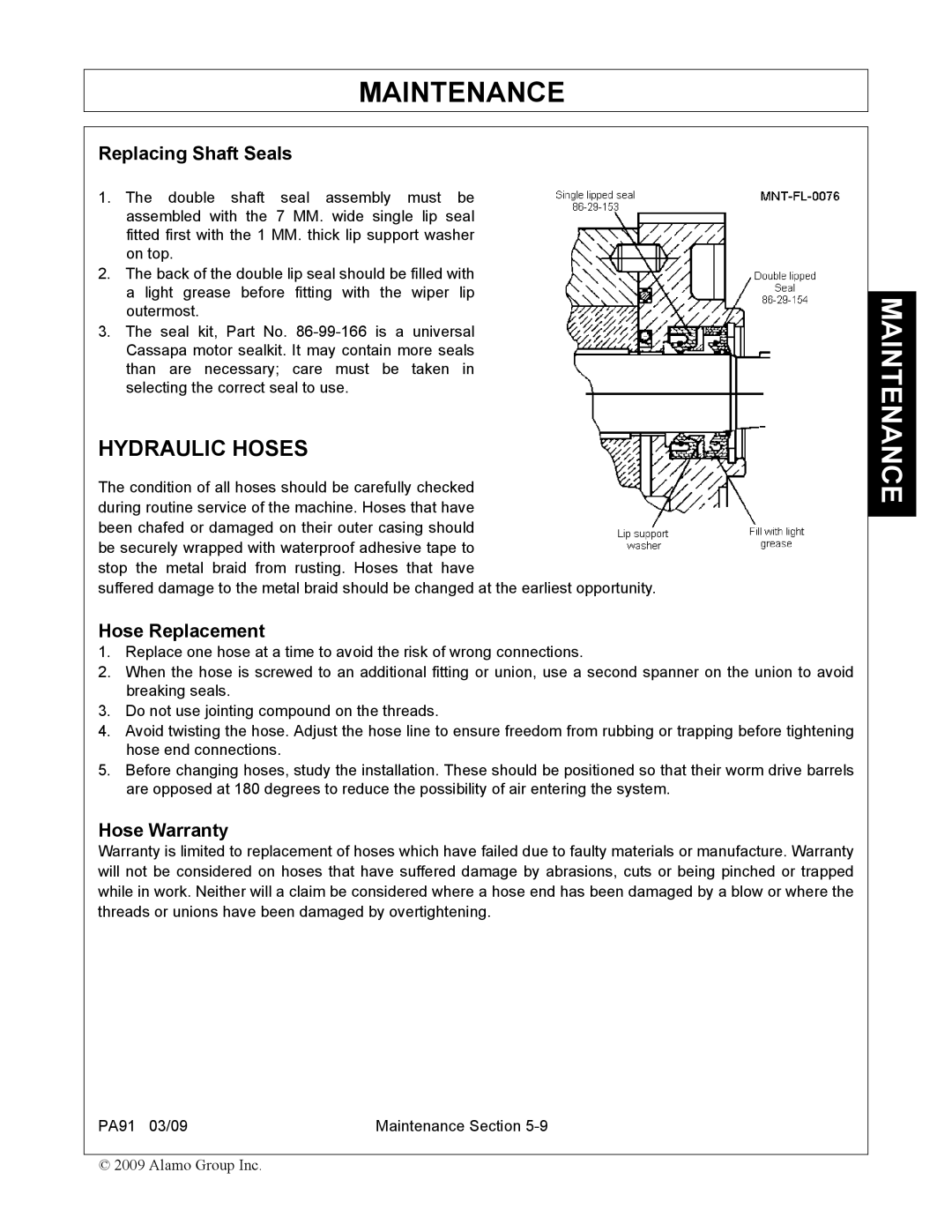 Alamo 7191852C manual Hydraulic Hoses, Replacing Shaft Seals, Hose Replacement, Hose Warranty 