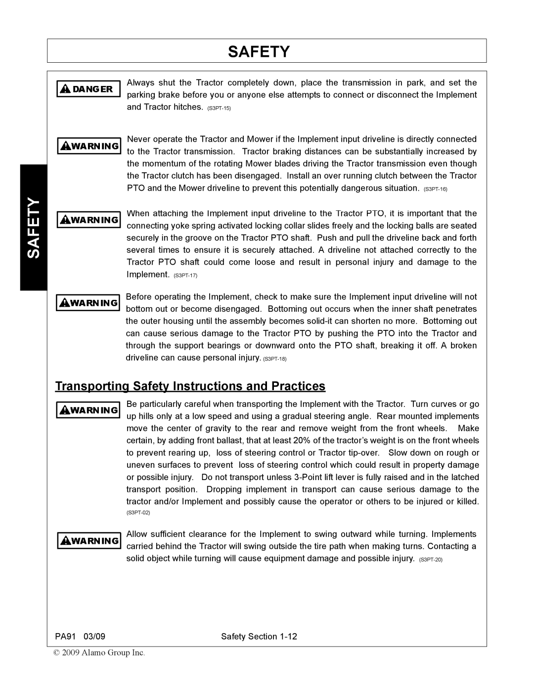 Alamo 7191852C manual Transporting Safety Instructions and Practices 