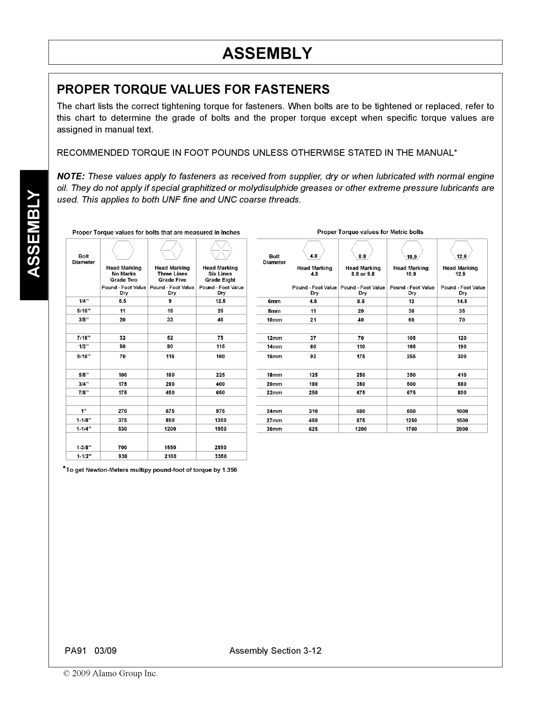 Alamo 7191852C manual Proper Torque Values for Fasteners 