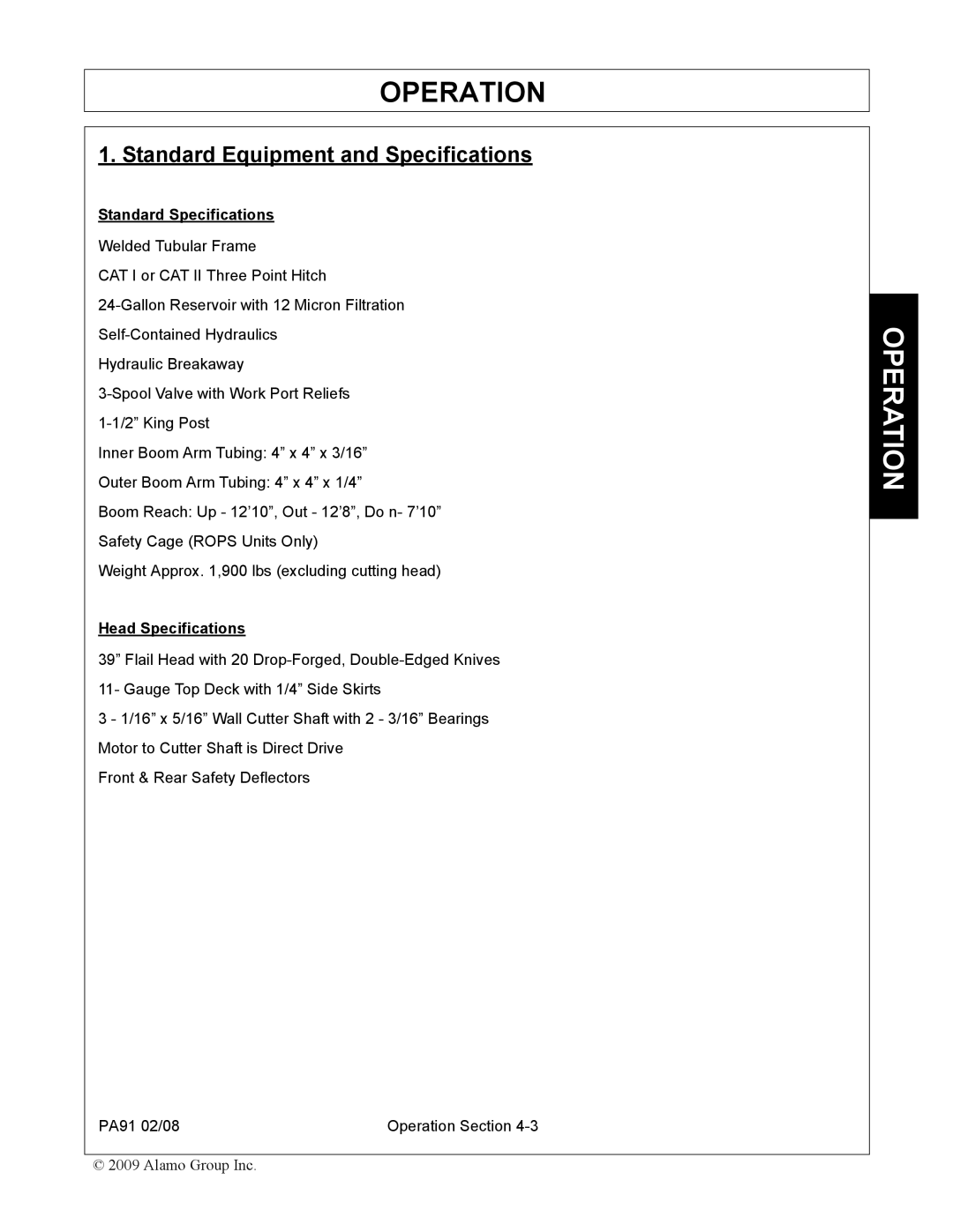 Alamo 7191852C manual Standard Specifications, Head Specifications 