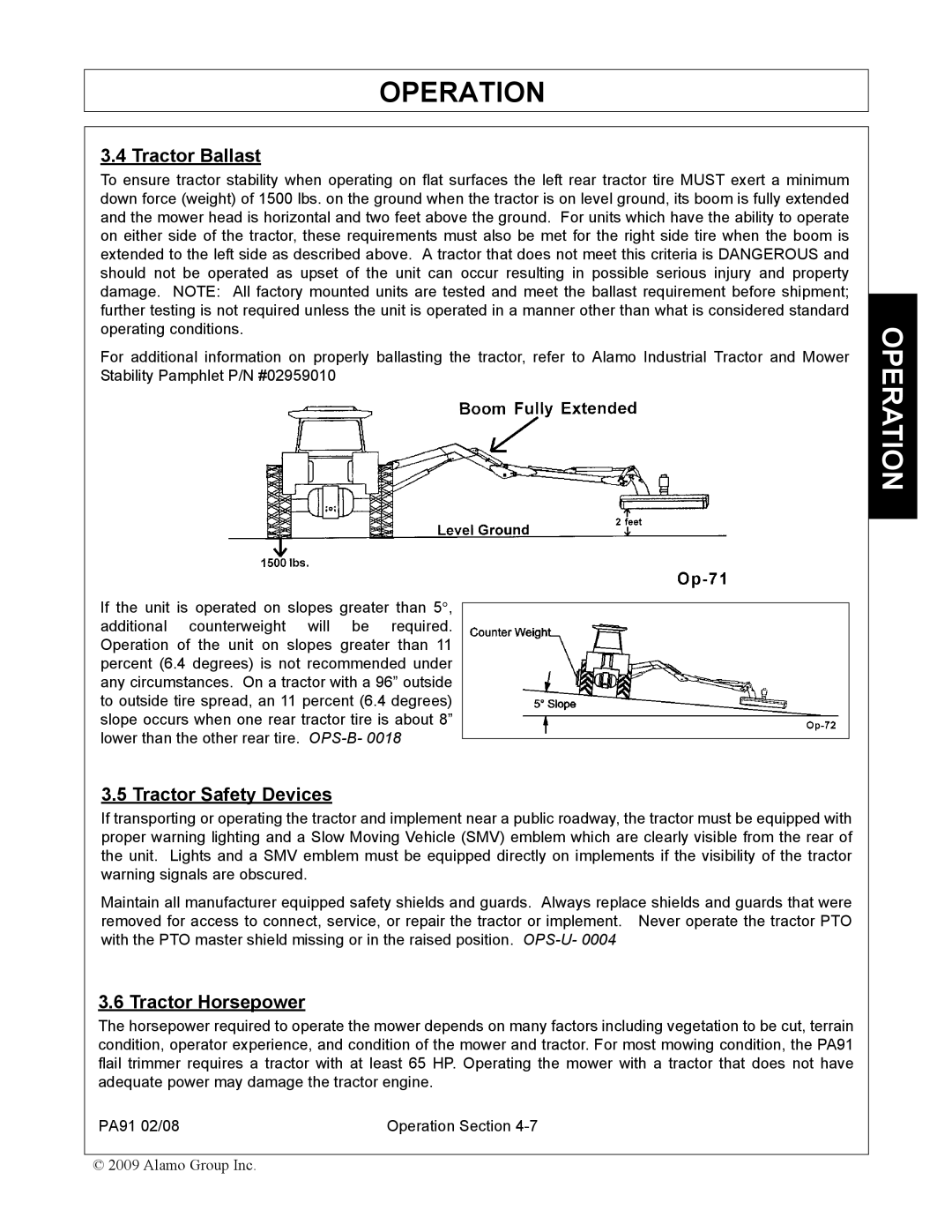 Alamo 7191852C manual Tractor Ballast, Tractor Safety Devices, Tractor Horsepower 