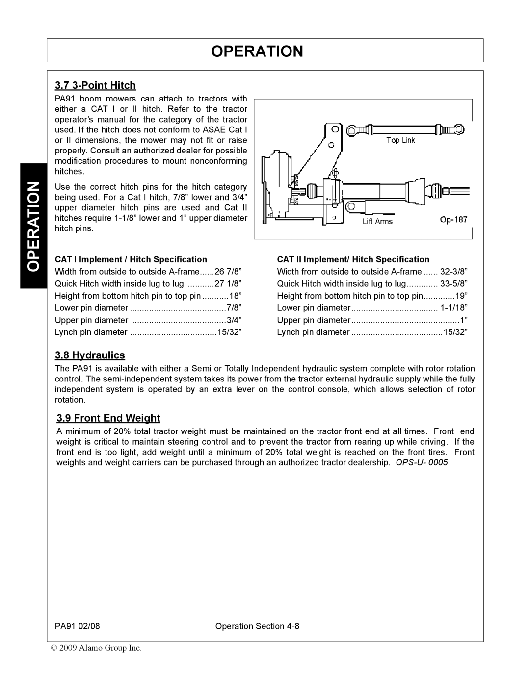 Alamo 7191852C manual Point Hitch, Hydraulics, Front End Weight 