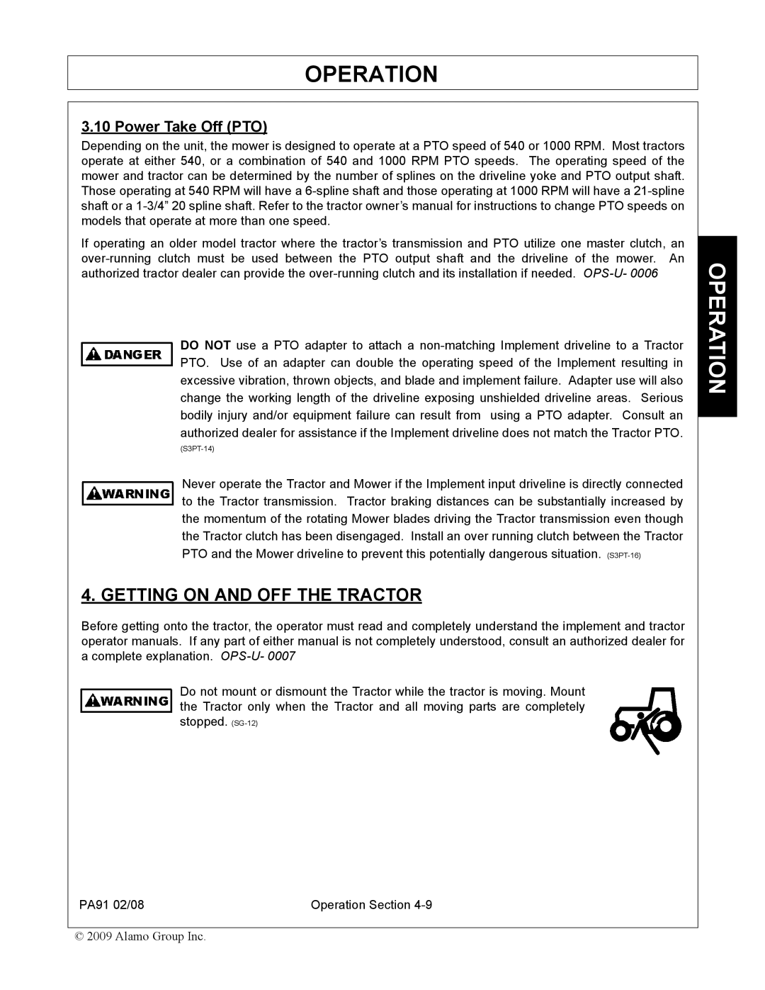 Alamo 7191852C manual Getting on and OFF the Tractor, Power Take Off PTO 