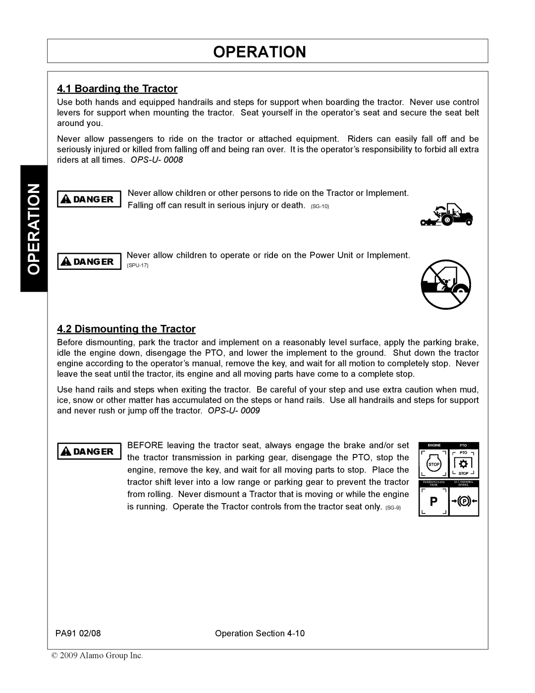 Alamo 7191852C manual Boarding the Tractor, Dismounting the Tractor 