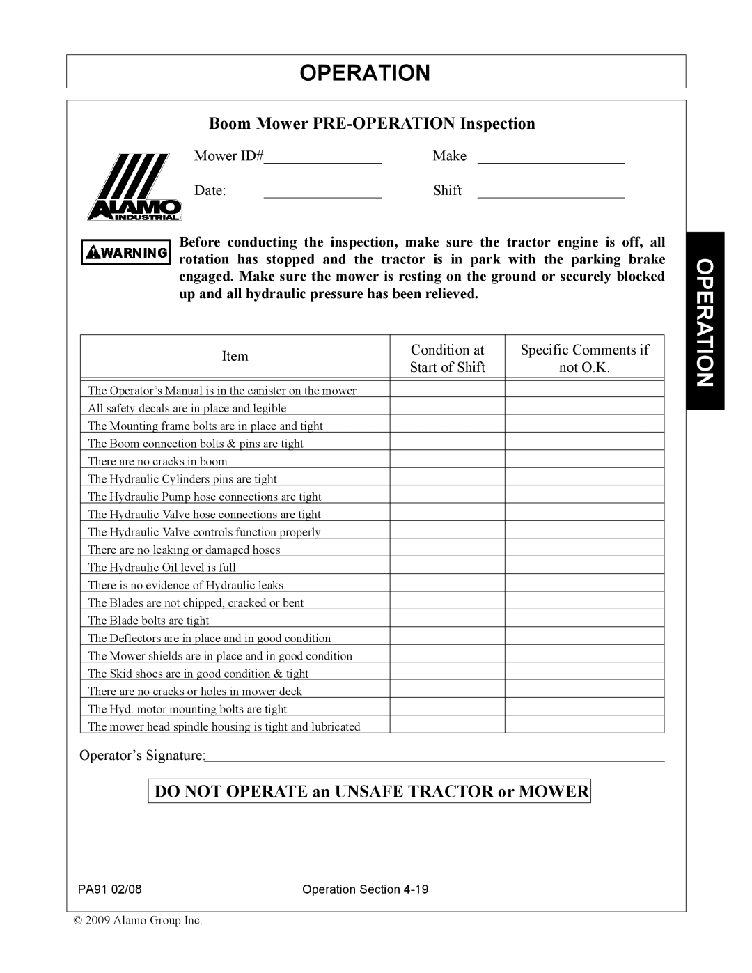 Alamo 7191852C manual Do not Operate an Unsafe Tractor or Mower 