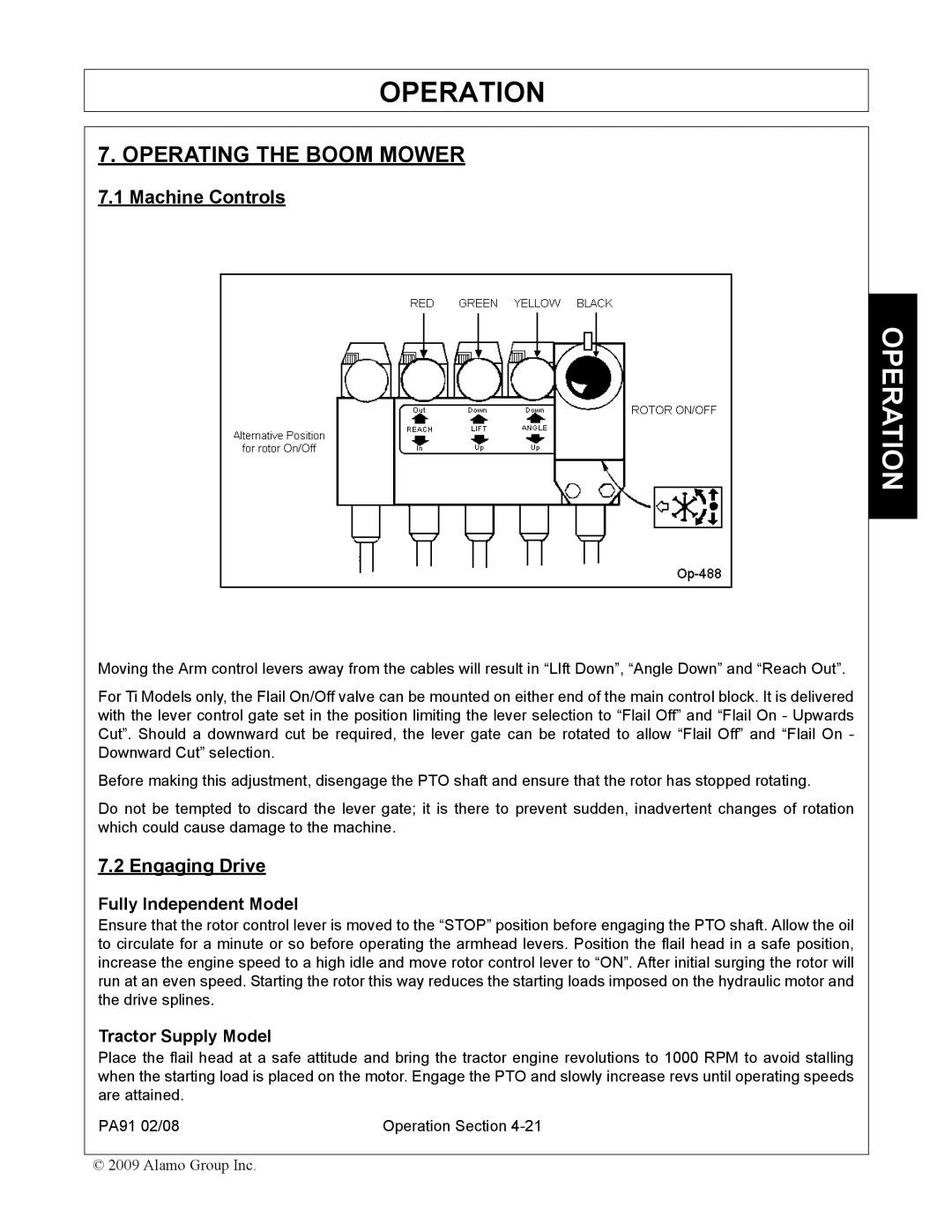 Alamo 7191852C manual Operating the Boom Mower, Machine Controls, Engaging Drive 