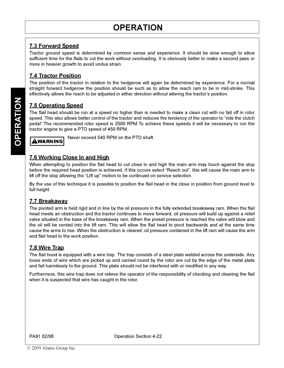 Alamo 7191852C manual Forward Speed, Tractor Position, Operating Speed, Working Close In and High, Breakaway, Wire Trap 