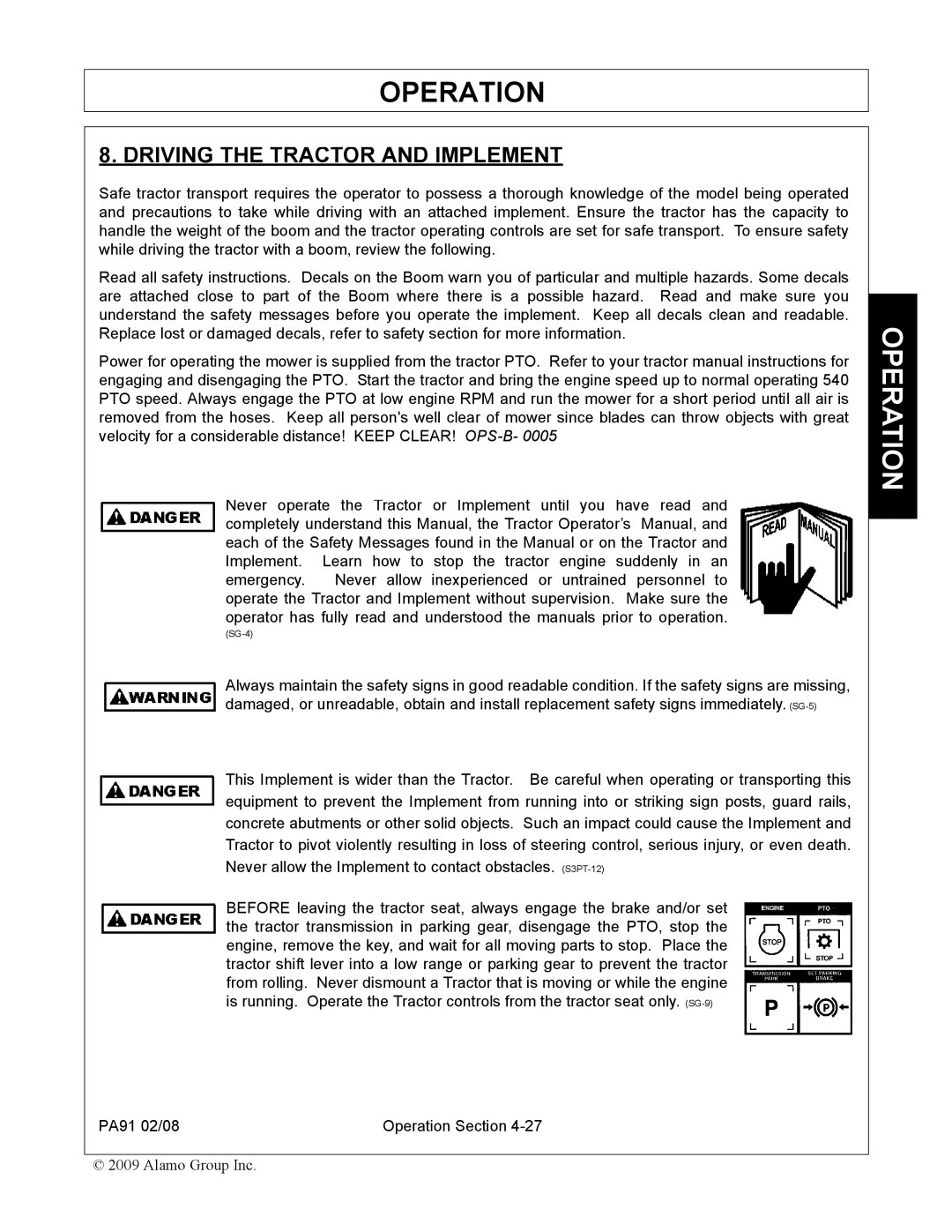 Alamo 7191852C manual Driving the Tractor and Implement 