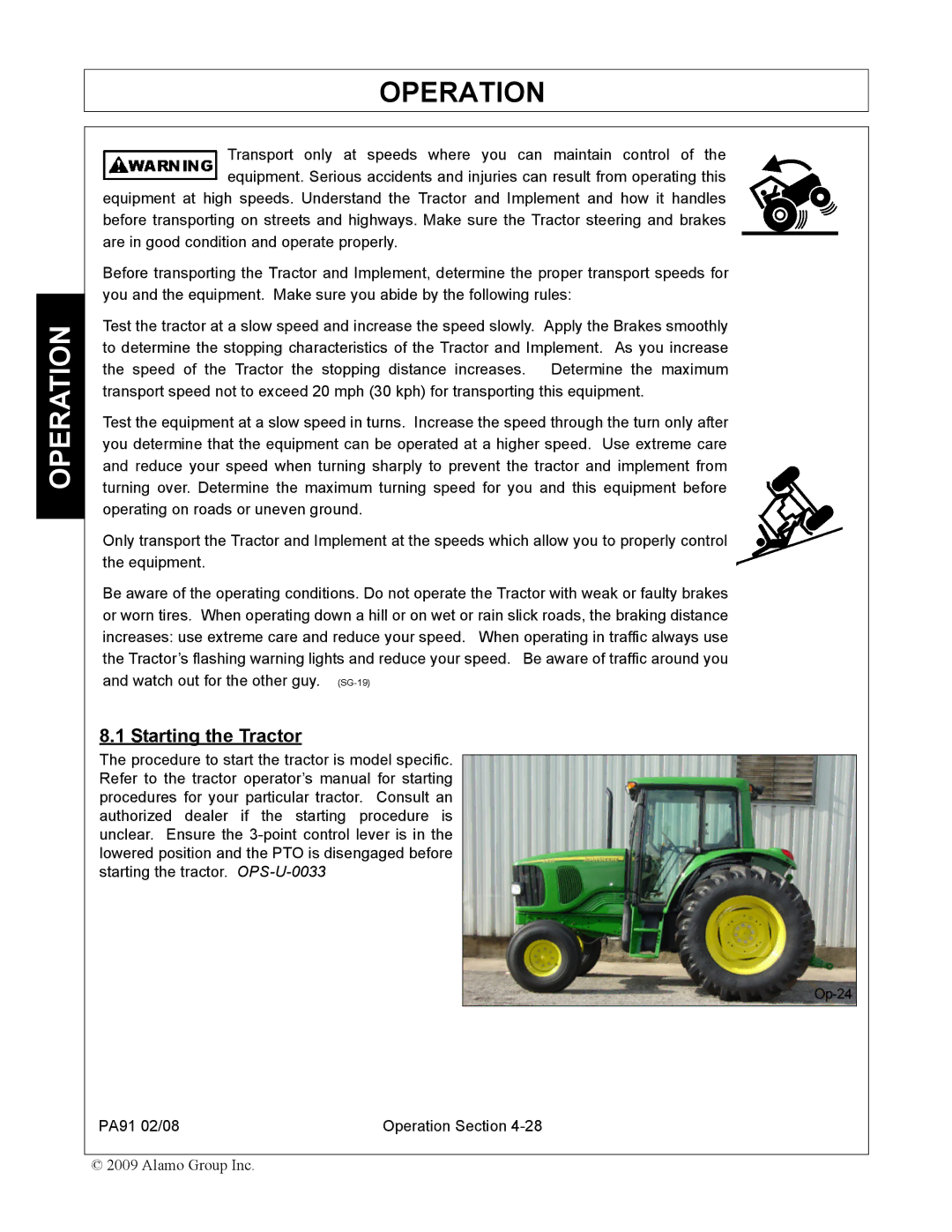 Alamo 7191852C manual Starting the Tractor 