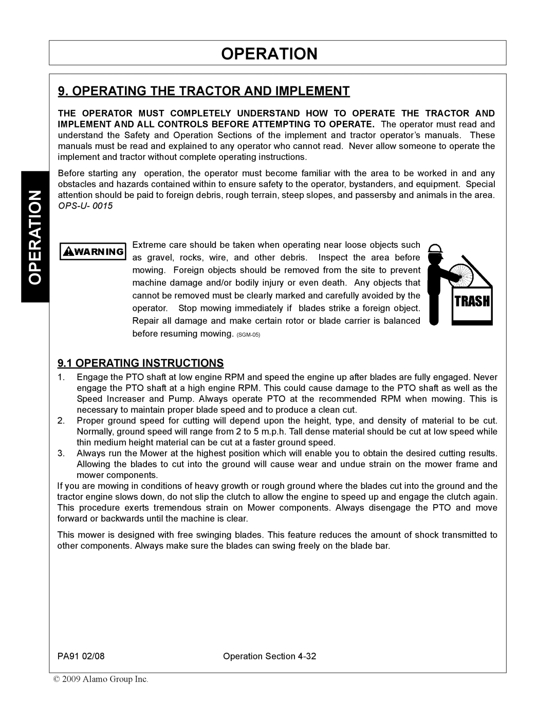 Alamo 7191852C manual Operating the Tractor and Implement, Operating Instructions 