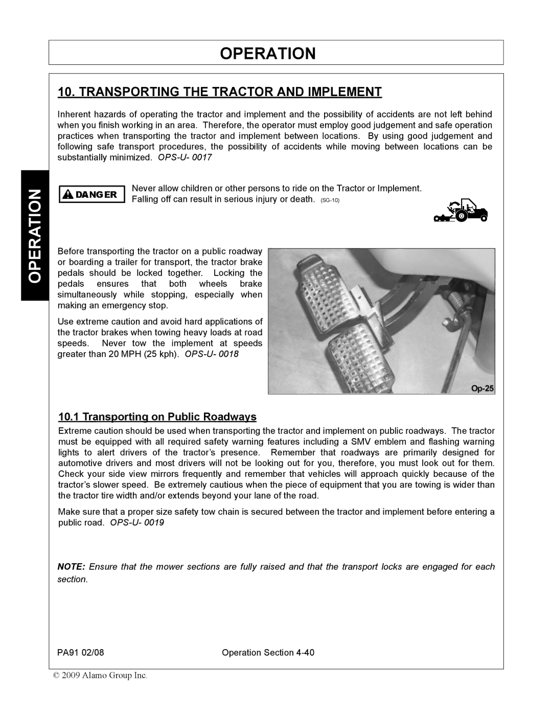 Alamo 7191852C manual Transporting the Tractor and Implement, Transporting on Public Roadways 