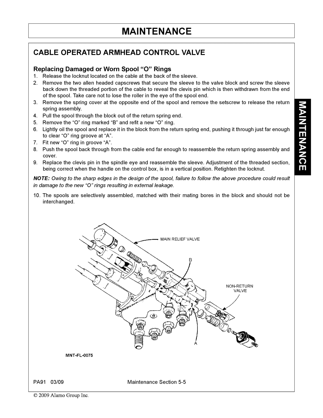 Alamo 7191852C manual Cable Operated Armhead Control Valve, Replacing Damaged or Worn Spool “O” Rings, Maintenance 