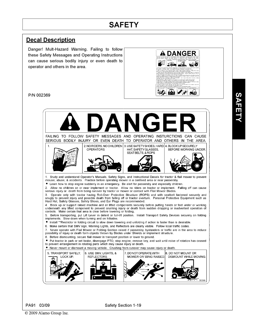Alamo 7191852C manual Decal Description, PA91 03/09, Safety Section 