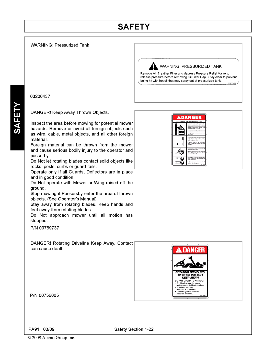 Alamo 7191852C manual Safety, WARNING: Pressurized Tank 03200437 