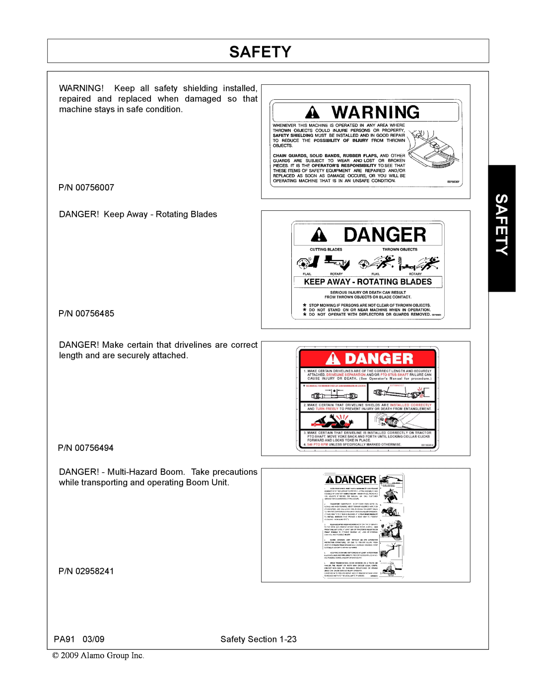 Alamo 7191852C manual P/N DANGER! Keep Away - Rotating Blades P/N, PA91 03/09, Safety Section 