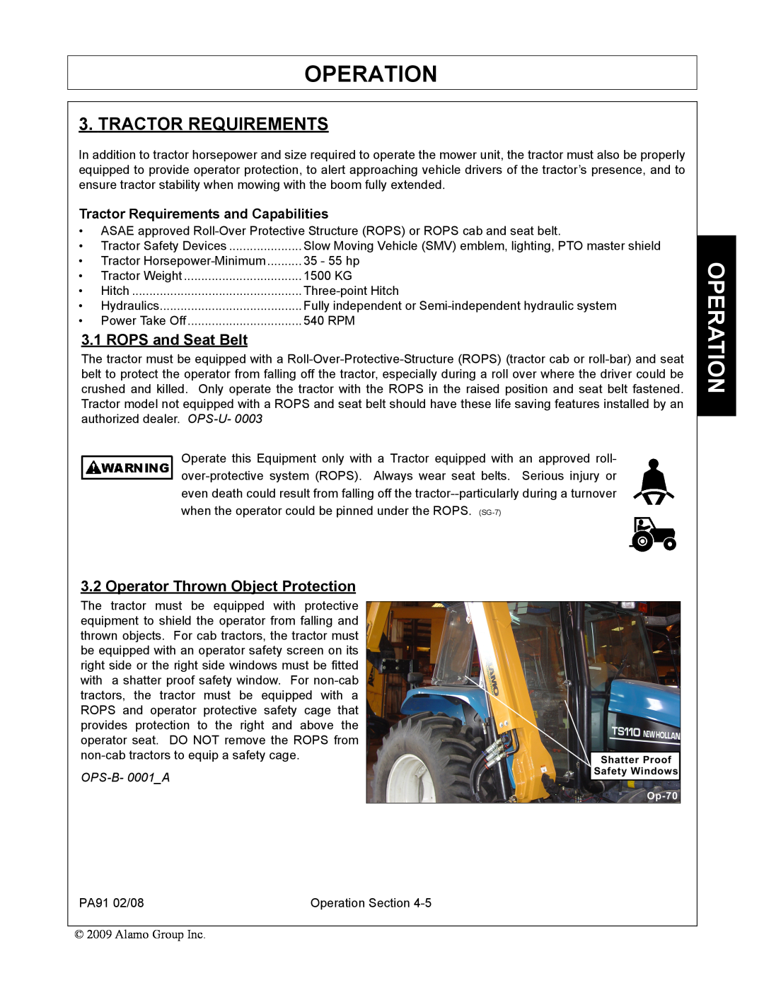 Alamo 7191852C manual Tractor Requirements, ROPS and Seat Belt, Operator Thrown Object Protection, Operation, OPS-B-0001_A 