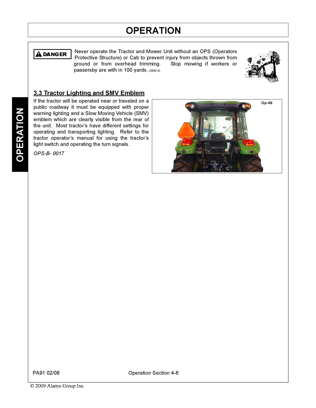 Alamo 7191852C manual Tractor Lighting and SMV Emblem, Operation, OPS-B-0017 