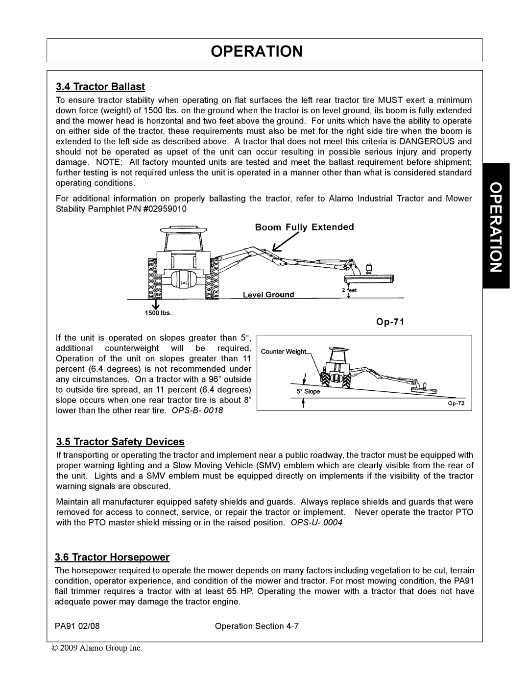 Alamo 7191852C manual Tractor Ballast, Tractor Safety Devices, Tractor Horsepower, Operation 