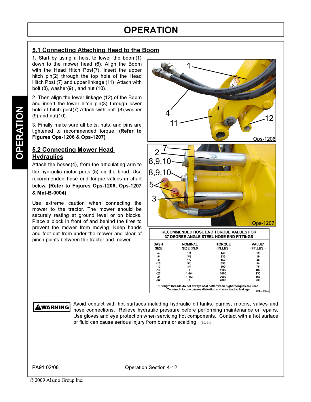 Alamo 7191852C manual Connecting Attaching Head to the Boom, 5.2Connecting Mower Head Hydraulics, Operation 