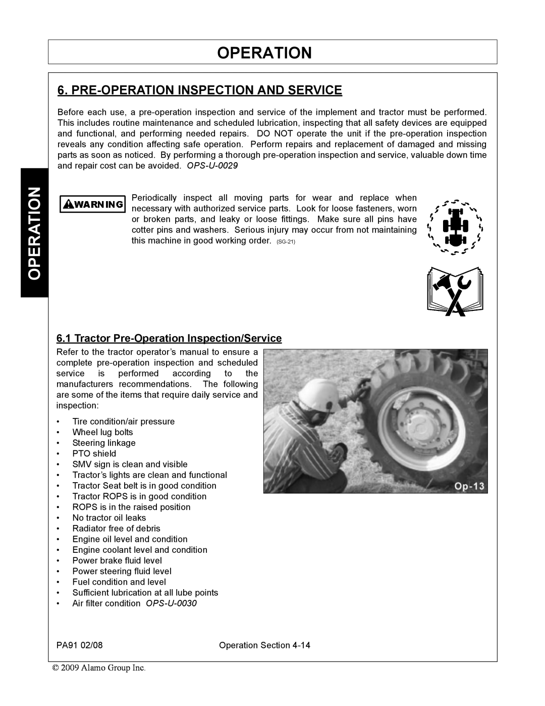 Alamo 7191852C manual Pre-Operationinspection And Service, Tractor Pre-OperationInspection/Service 