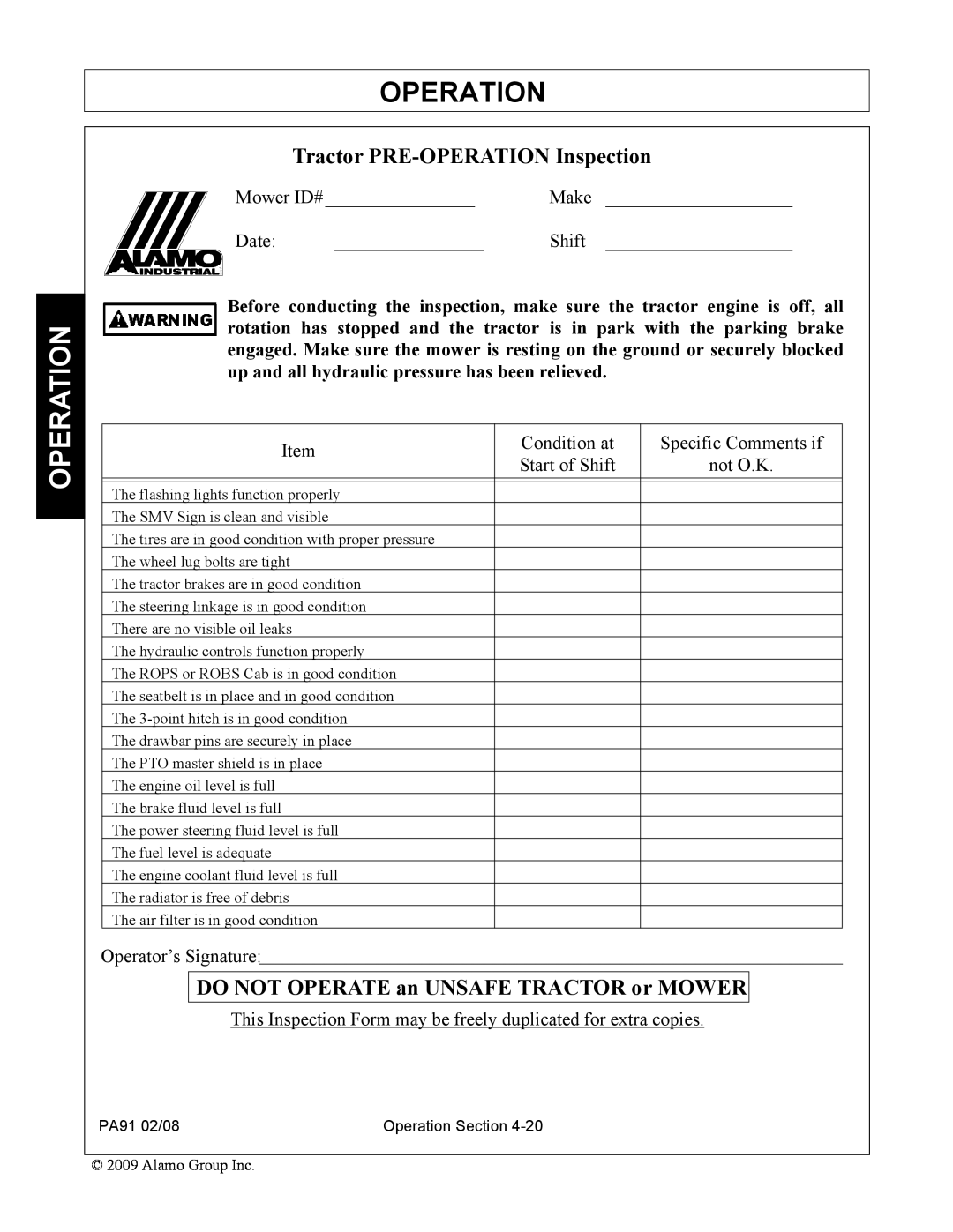Alamo 7191852C manual Tractor PRE-OPERATIONInspection, Operation, DO NOT OPERATE an UNSAFE TRACTOR or MOWER 